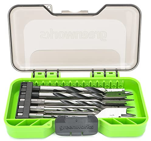 Brocas para madera Greenworks para taladro eléctrico y destornillador, 11 piezas, vástago hexagonal de 1/4 '', estuche de plástico moldeado
