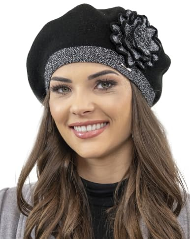 VIVISENCE Winter Baskenmütze Für Damen Herbst Warme Barette Aus Warmem Mischung Mit Blumen Applikation Frauen Elegante Klassischem Stil Perfekte Für Herbst Und Wintertage 7049