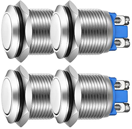 Guuzi 4pcs Pulsadores Momentáneos De 19mm 3A/250VAC; Pulsador De Alimentación A Prueba De Agua De 5A/12VAC, Pequeño, Redondo, De Metal Inoxidable Cromado, 2Pines N/O (Cabeza Plana)