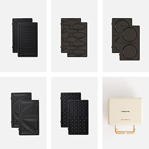 CREATE/STONE STUDIO/Doppelter Sandwichmaker und Grill in Cremeweiß / 5 austauschbare Platten: Grill, Waffel, Sandwich, Taiyaki und Pfannkuchen, 100º Öffnung, Retro-Stil, 800W