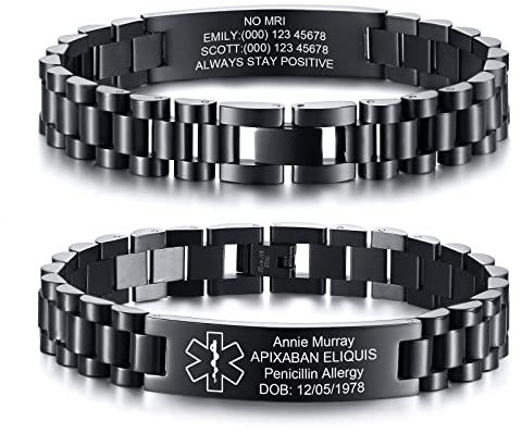 Personalisiertes Medizinisches Armband Herren: Kostenlose Gravur Edelstahl Männlich Uhrenarmband Stil Medizinischer Alert Armband Personalisiert Medic ID Armbänder Schmuck für Männer Damen,Schwarz