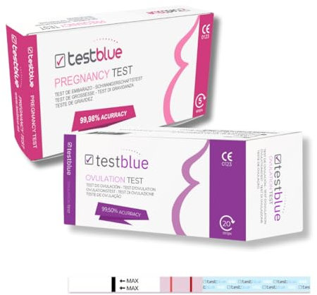TestBlue 60 Tests d'ovulation (25mlU/ml) et 15 Tests de grossesse (25mlU/ml) | Kits de test de fertilité et de grossesse ultrasensible résultats rapides et précis | Bandes d'ovulation et de grossesse