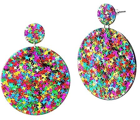 Soul-Cats Statement Ohrringe Sternenglitzer – XXL Creolen Ø 50 mm Leuchtende Farben Retro Hippie Boho Schmuck