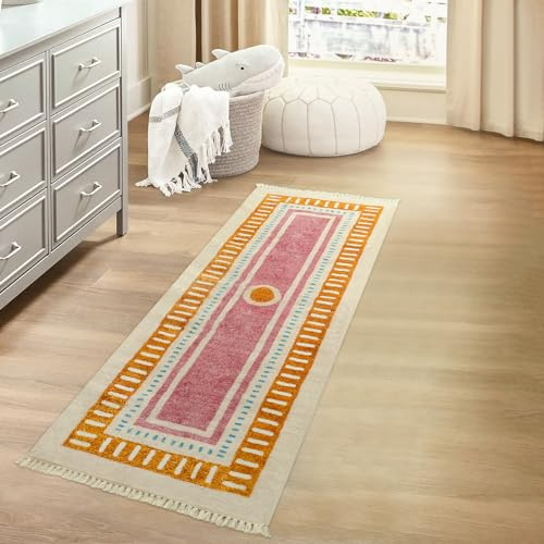 Lukinbox Boho Badezimmerläufer Teppiche mit Fransen, 5 x 15 cm, Sonne waschbar, Flurläufer, Teppich, extralang, weich, rutschfest, Orange, Regenbogen-Bereich-Teppich für Küche, Waschküche,