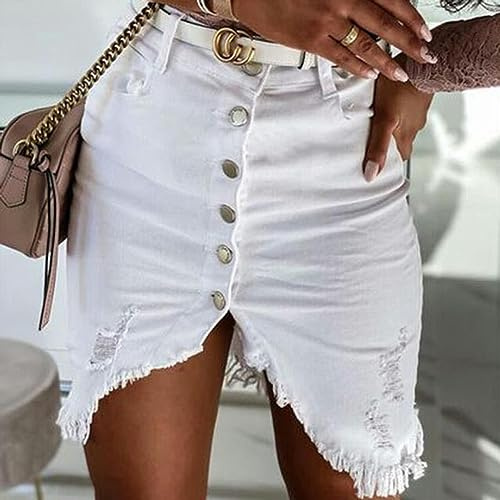 CABULE Nuove Donne Gonna di Jeans con Foro Monopetto Decorazione Spazzolata Orlo Irregolare Abbigliamento Estivo Minigonne a Vita Alta Sexy Femminili-Bianco-M