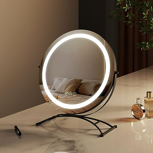 EMKE LED Hollywood Schminkspiegel mit Beleuchtung - Runden Hollywood Spiegel mit Dimmbar, 360° drehbar, Speicherfunktion, 3 Lichtfarben, Beleuchteter Kosmetikspiegel - Schwarz, Φ50cm