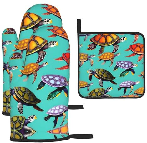 Ofenhandschuhe und Topflappen-Set, widerstandsfähige, rutschfeste Grillhandschuhe für Küche, Kochen, Backen, Grillen, Tiere, Meeresschildkröten