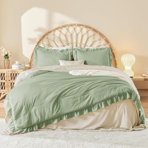 Freyamy Bettwäsche 135x200cm 2teilig Grün Meeresgrün Rüschen Romantisch Mädchen Uni Plisseefalten Gewaschene Microfaser Bettbezug Mit Reißverschluss und Kissenbezug 80x80cm