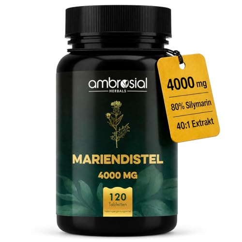 Ambrosial Mariendistel 4000 mg - 120 vegane Milk Thistle Tabletten - Mit 80% Silymarin - 40:1 Extrakt - 2 Monate Vorrat - Alternative zu Mariendistel Kapseln - Glutenfrei & Laktosefrei