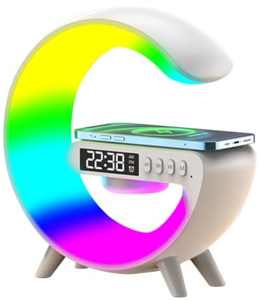 RuiDay G-förmiges Handy-Ladegerät, kabelloses Lautsprecher-Ladegerät, kabellose LED-Lampe, kabelloses Ladelautsprecher, Umgebungslicht mit RGB-Licht, Wecker (weiß)