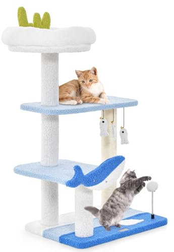 COSTWAY 4-stöckiger Kratzbaum, Katzenbaum mit Plüschsitzfläche & Ball & Spielzeug, Katzenkratzbaum klein, Ocean-Serie, Katzen Katzenmöbel, Kletterbaum Aktivitätsbaum Spielbaum, Blau (49 x 38 x 86 cm)
