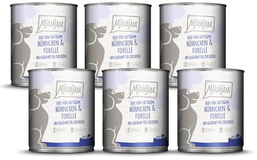 MjAMjAM - Premium Nassfutter für Hunde - DUO von saftigem Hühnchen & Forelle an gedämpfter Zucchini, 6er Pack (6 x 800g), getreidefrei mit extra viel Fleisch