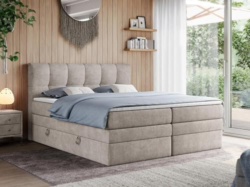 MKS MEBLE King Boxspringbett 200x200, Polsterbett 200x200 mit Bettkasten, Bett 200x200 mit Multipocket-Matratze H3, Boxspringbett 200x200 mit Kopfteil und Topper - H3 Beige Struktur - Alvin