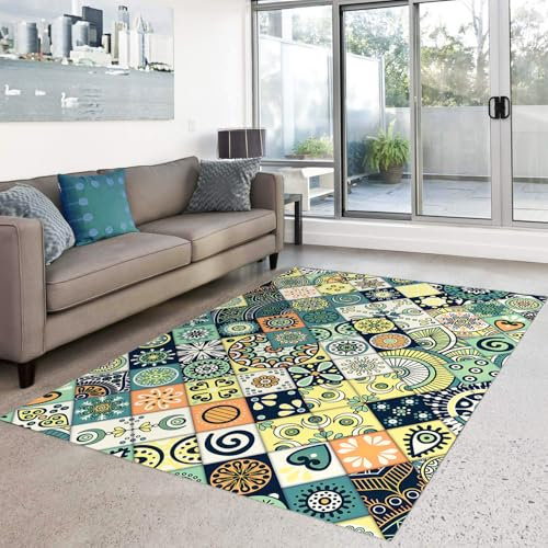 HOSIMA Böhmischer Teppich, Weiche Bodenmatte, Retro-Bedruckte Schlafzimmer-rutschfeste Bodenmatte, Kurzflorige Flauschige Bodenmatte, Waschbar(A-Bohemiya 220 * 160)