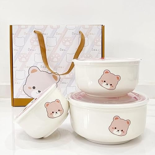 Cnwinu Ceramics Salad Bowl with Lid Sets,Fresh Food Storage Bowls,Noodle Bowl,Lunch Box,Ramen Bowl,Mixing Bowls,Suitable for Snack,Soup,Rice,Fruit,Vegetables,Kitchen Bowls Set(Cute Bear)