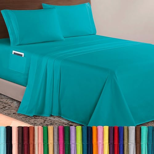 Elegant Comfort Luxurious 1500 Premium Hotel Quality Microfiber 4-Piece Sheet Set, 18-24 Inches Deep - Extra Deep Pocket Sheets - Ultra Soft 4PC Deep Pocket Sheets, California King, Turquoise
