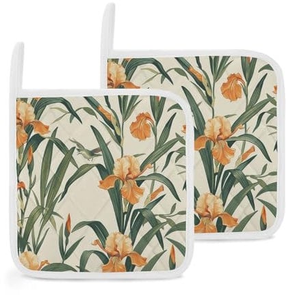 2 Pack Pot Holders for Kitchen Heat Resistant Pot Holders with Pocket Oven Potholders Orange Toned Plants Washable Hot Pads for Cooking Baking Oven Pans Trivet 8x8 Inches
