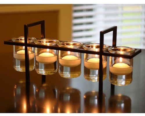 Seraphic 5-Cup Rustic Modern Floating Candle Holder Table Centerpiece Decoration for Dining Room, Kitchen, Patio, Weddings, Metal Iron with Glass Cups, 40cm Long