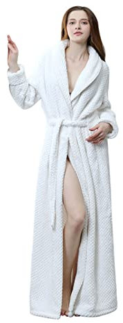 Vestaglia da donna taglie forti, vestaglia da donna spessa, soffice e calda, vestaglia a nido d'ape da donna, a maniche lunghe, tinta unita, con cintura, vestaglie in morbido pile, bianco, L