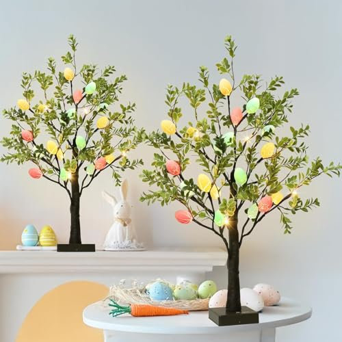 Eambrite Set of 2 Easter Tree With Eggs 2Ft Tabletop Tree with 24 Warm White LEDs Battery Operated Light up Easter egg tree For Home Party Decorations