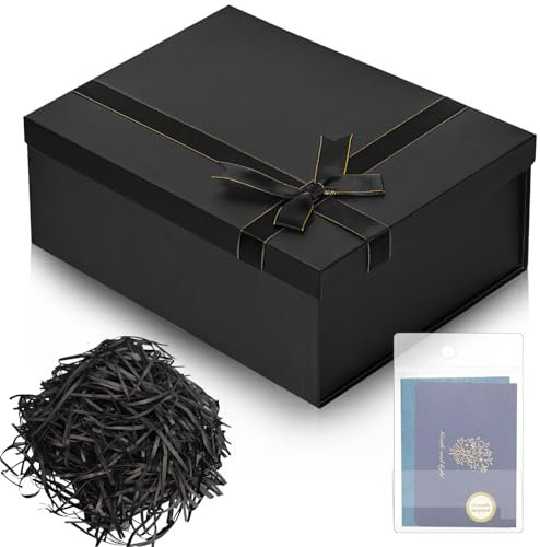 Geschenkbox mit Deckel Schleife Faltbare Geschenkkarton Verpackungsbox Geschenkboxen Geschenkverpackung Box mit Geschreddertes Papier für Hochzeit Geburtstag Weihnachten Jubiläum (Schwarz)
