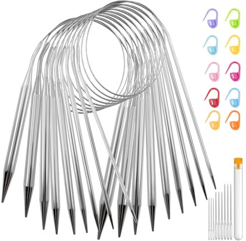 9 Stück Stricknadeln Rundstricknadel Set Metall 80cm, 2.5/3/4/5/6/7/8/9/10mm Rundstricknadeln Metall mit Nähnadeln, Maschenmarkierer, Rundstricknadeln 80 cm Edelstahl Rundnadeln für Socken, Schal, Hut