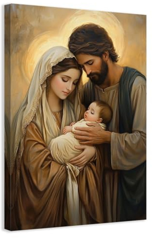 CCWACPP Wanddrucke mit der Heiligen Familiekatholische LeinwandbilderJesusbilderJungfrau Maria Gemälde für WohnzimmerZuhauseKircheGebetsraum gerahmt (30 x 45 cms)