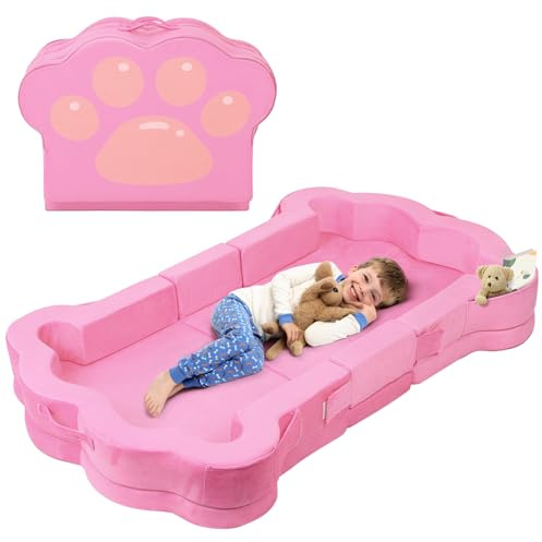 whiffee Lettino da viaggio pieghevole portatile per bambini, con rivestimento lavabile, morbido e sicuro (rosa)