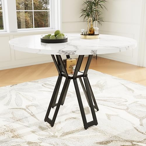 boorbin Runder Esstisch, Leichter und luxuriöser runder Tisch für 4-6 Personen, geeignet für Esszimmer und Wohnzimmer,Beine,marmorierte MDF Tischplatte (Weiß+Schwarz, 100 x 100 x 76 cm)