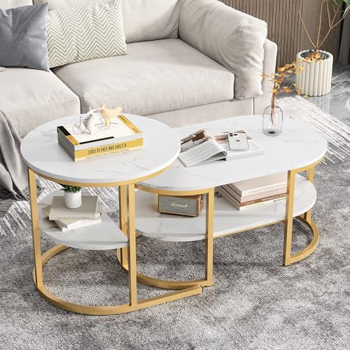 BRILVERDE Couchtisch Rund 2er Set,mit Stauraum,Oval Beistelltisch,Wohnzimmertisch,Satztische Schlafzimmer,Marmor Optik,Metallrahmen (Gold-3)