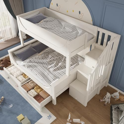 Laxnb Etagenbett 90x200 & 140x200 cm Kinderbett mit Stauraum, Hochbett mit Treppenschrank und 2 Schubladen, Hausbett Holzbett Kinderbett mit Rausfallschutz, Untere Doppelbett, Ohne Matratze, Weiß