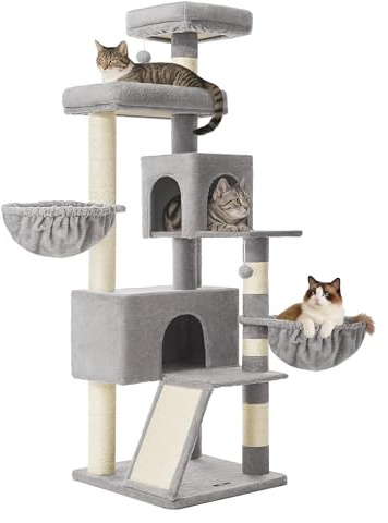 Feandrea Kratzbaum groß, 173 cm hoher Katzenbaum, Doppelhöhle | Katzenbaum, 2 Korb, Mit großer Plattform, Taubengrau, CLAWFY Kollektion PCT006G01