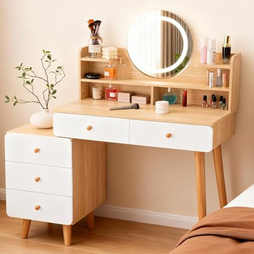 Schminktisch mit LED Beleuchtung und Spiegel, 3 Farben, 80 -100 cm breit | Frisiertisch mit 5 Schubladen und Ablagefächern, Kosmetiktisch mit Glasplatte, Make up Tisch Holz und Weiß
