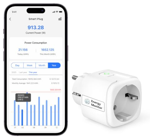 Meross WLAN Steckdose mit Strommessung & Zeitschaltuhr für Balkonkraftwerk | WiFi Smart Plug mit Fernbedienung & Sprachsteuerung, Zeitplan, Smart Home Kompatibel mit Alexa, Google Home, 16A, 1 Stück
