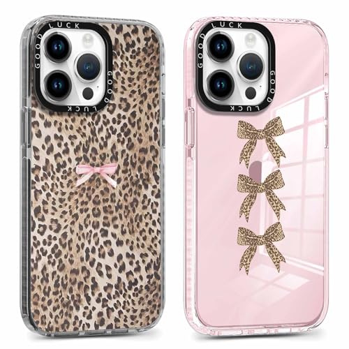 Foonary 2 Pack Cute Leopard Bow Print Phone Case for iPhone 14 Pro Max 6.7, Fashion Design Soft Slim Clear Case Shockproof TPU Bumper Protective Cover for Women Girls