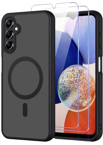 Pnakqil Magnetisch für Samsung Galaxy A14 5G/4G Hülle für Magsafe,Matt Transluzente Handyhülle für Samsung Galaxy A14 mit 2 Panzer Schutz Glas,PC Härte Kratzfest Matte Dünn Magnetische Case,Schwarz