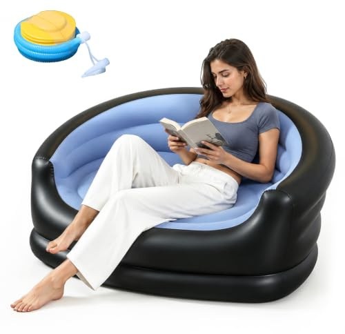 BUERPINKING Aufblasbare Couch, 2-Sitzer Aufblasbarer Sessel, Sofa Aufblasbar mit Velours-Oberfläche, Aufblasbares Sofa mit Fußpumpe für Pop-Up, Wohnzimmer, Camping & Gaming (Blau)