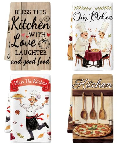 MAYJOYDIY 4 Stück Lustige Küchenhandtücher mit Kochmotiv Pizza Lebensmittel Mikrofasergeschirrtuch 66x45cm Schneebesen Nudelholz Saugfähiges Spültuch für Einweihungsparty Hauskochen Backen Abwischen