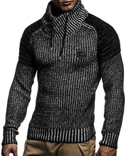 Leif Nelson Jersey de Punto Grueso Chal Collar de los Hombres de LN-5235 Negro-Color Crudo Medium