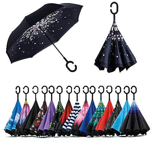 Jooayou Parapluie Inversé Anti-UV Double Couche Mains Libres Poignée C Coupe-Vent