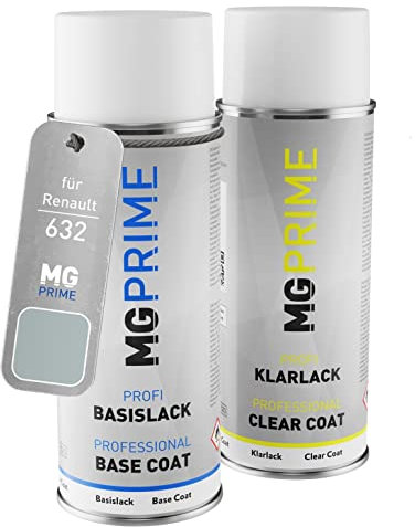 MG PRIME Autolack Sprühdosen Set für Renault 632 Gris Boreal Metallic/Polargrau Metallic Basislack Klarlack Spraydose 400ml