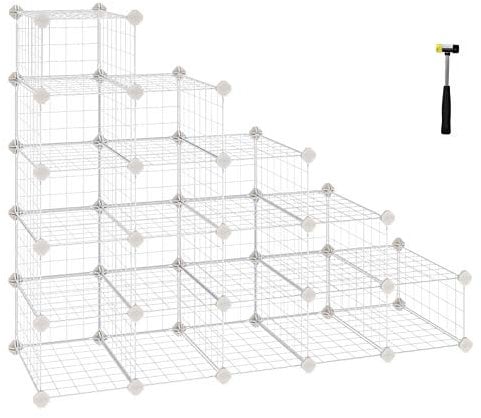 SONGMICS Shoe Rack, Modular DIY Storage Unit Metal Wire Grid, Interlocking Shoe Organiser for Closet Hallway Bedroom, Includes Rubber Mallet and Anti-Tipping Straps, White LPI44WS