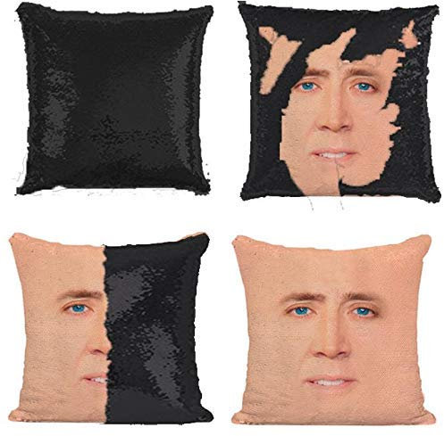 Plenty Dreams Kissenbezug mit Nicolas Cage-Gesicht, Wendbar, Pailletten, Ein magischer Kissenbezug, Ideal für Geschenke, Schwarz, 40 x 40 cm