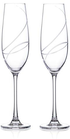 DIAMANTE Champagne Flutes Prosecco Glasses Pair with 'Aurora’ Hand Cut Design - Set of 2 in a Gift Box