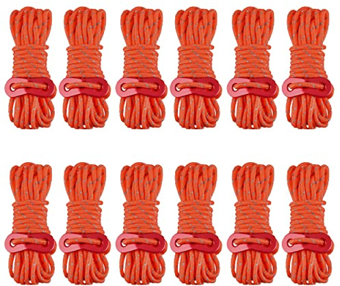 Azarxis 4mm Leuchtend Reflektierend Abspannseile Seil 400cm mit Seilspanner für Tarp Zelt Camping Wandern (Orange - 12 Stück)