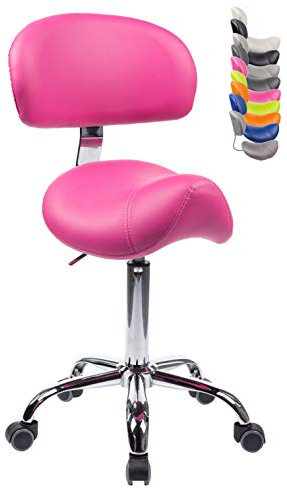 1stuff® Sattelhocker MULY BIGBACK Sattelstuhl mit Lehne - Sitzhöhe bis ca. 74cm - ergonomischer Rollhocker Arzthocker Arbeitshocker Praxishocker Drehhocker (Lederimitat pink)