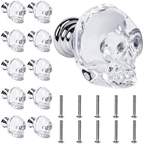 Milkary Schrankgriffe Türgriffe aus Kristallglas, Totenkopf-Design, transparent, mit Schrauben, Schubladenknauf, Griff für Nachttisch, Zuhause, Küche, Schlafzimmer, Dekoration, 10 Stück