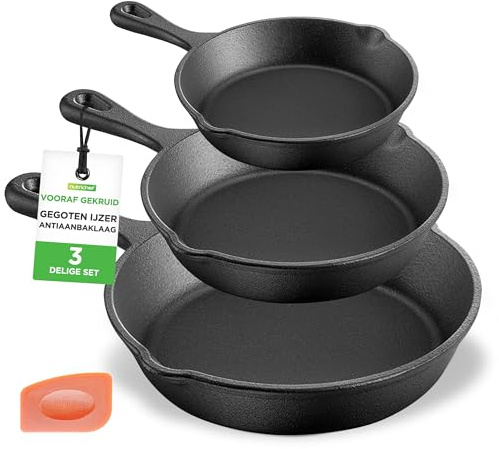 NutriChef Cast Iron Pan Set 3 Piece Skillets Pre-Seasoned – 15cm 20cm 25cm for Frying, Steak, Baking & Searing, Oven Safe, Induction Gas Electric Ceramic Hob Compatible, Black