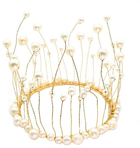 JORCEDI Queen Tiara Golden Crown Birthday Cake Topper Decoration Crystal Children Hair Ornaments for Wedding Birthday Baby Shower Party Cake Decoration White Pearl