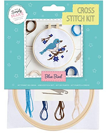Simply Make Cross Stitch Kit - Blue Bird Design for Kids and Adults, Including Hoop, Embroidery Thread, Fabric and Needle - Perfect for Adult Crafts and Beginners - Starter Cross Stitch Craft Kit